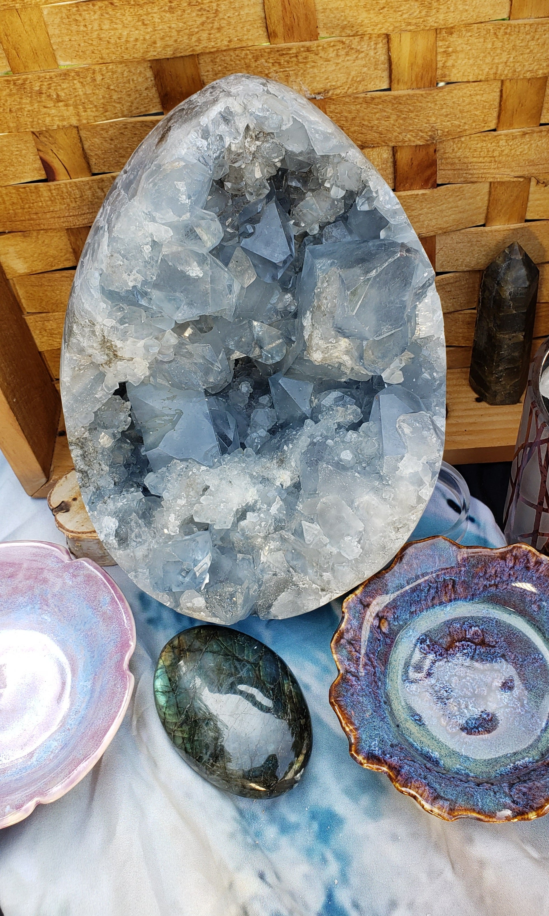 Large Natural Blue Calcite Egg Crystal Cluster Specimen