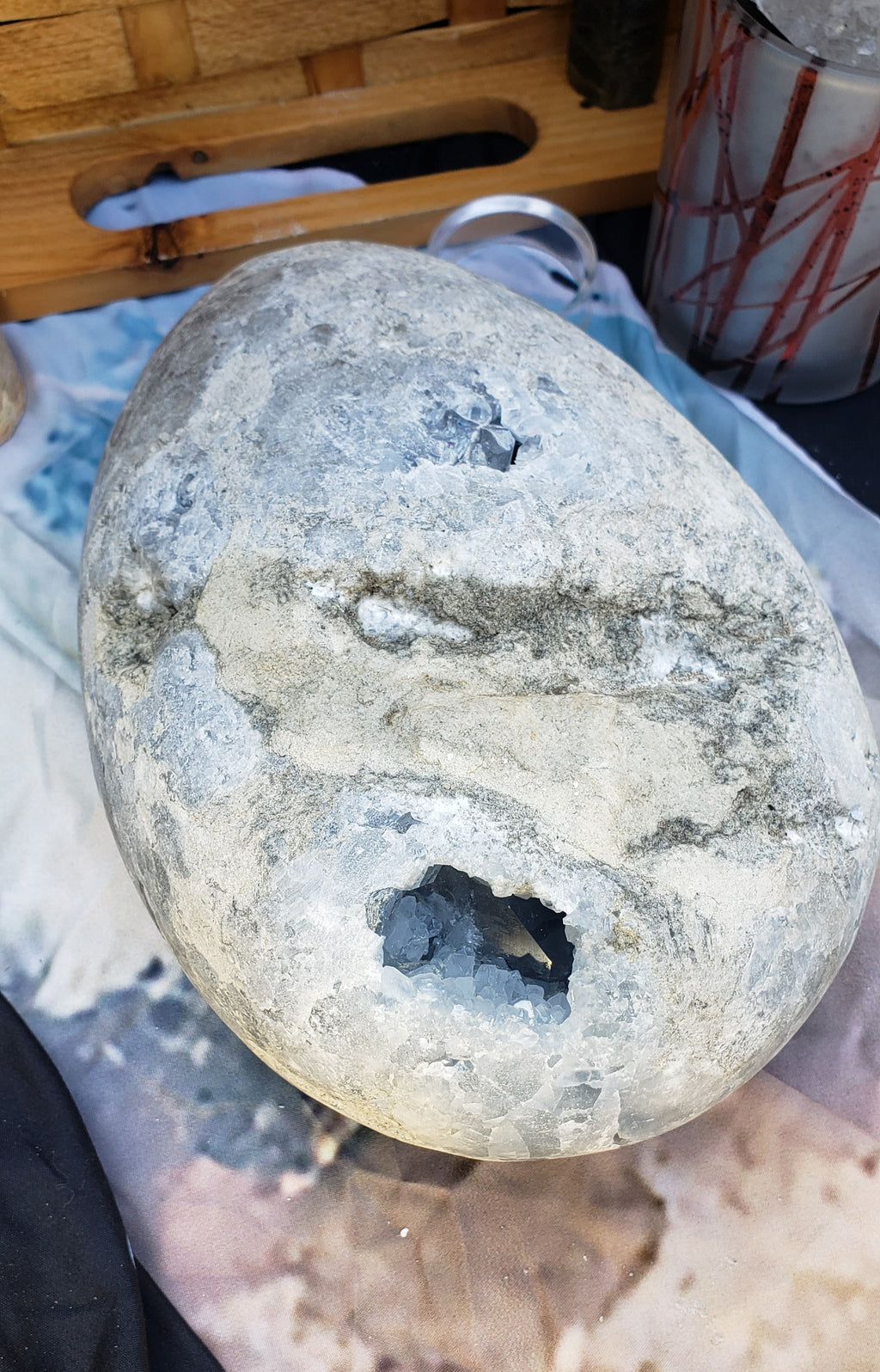 Large Natural Blue Calcite Egg Crystal Cluster Specimen