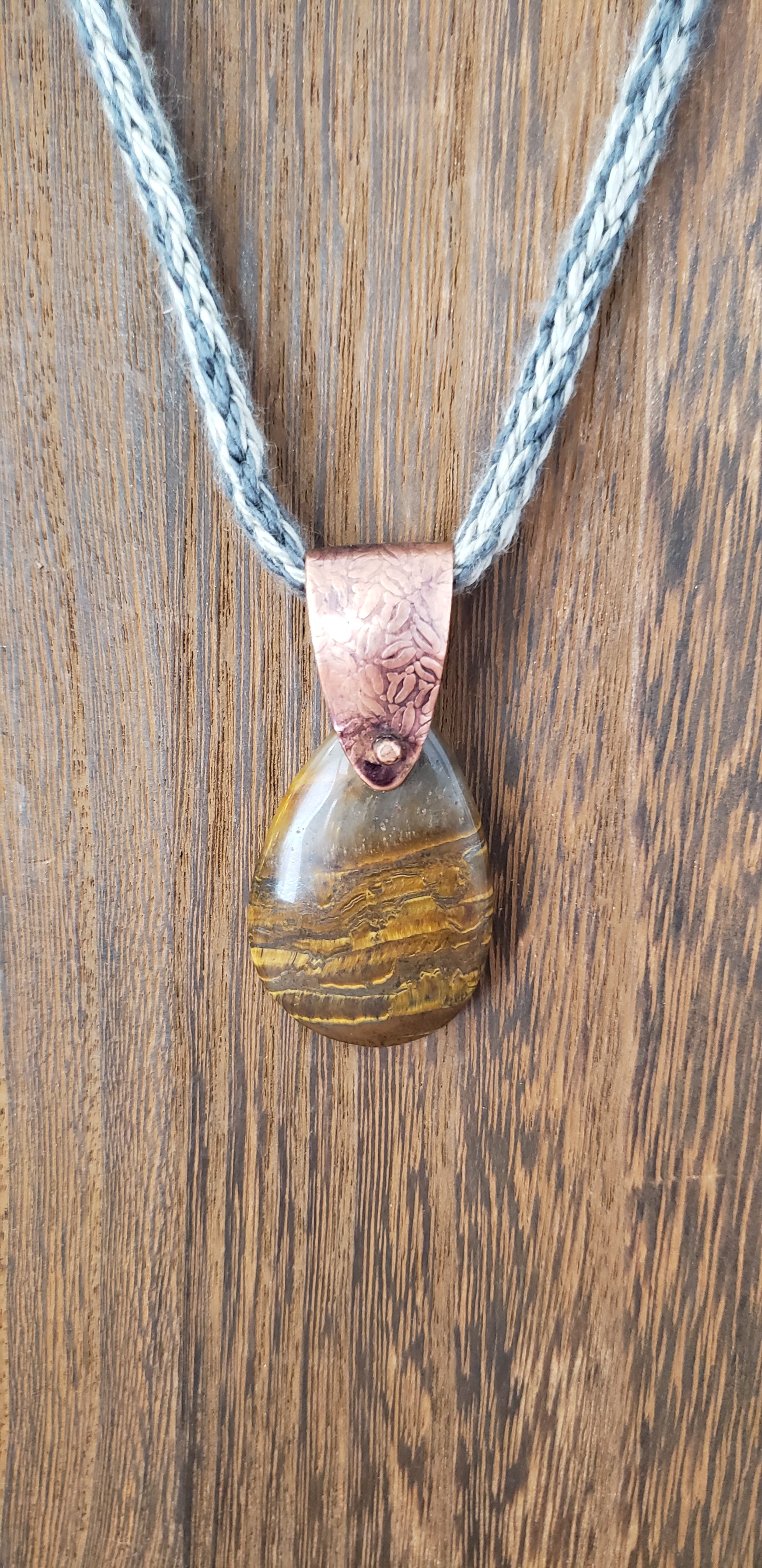 Tiger Eye Iron Stone Coffee Bean Bale Copper Necklace Handspun Bamboo Angora
