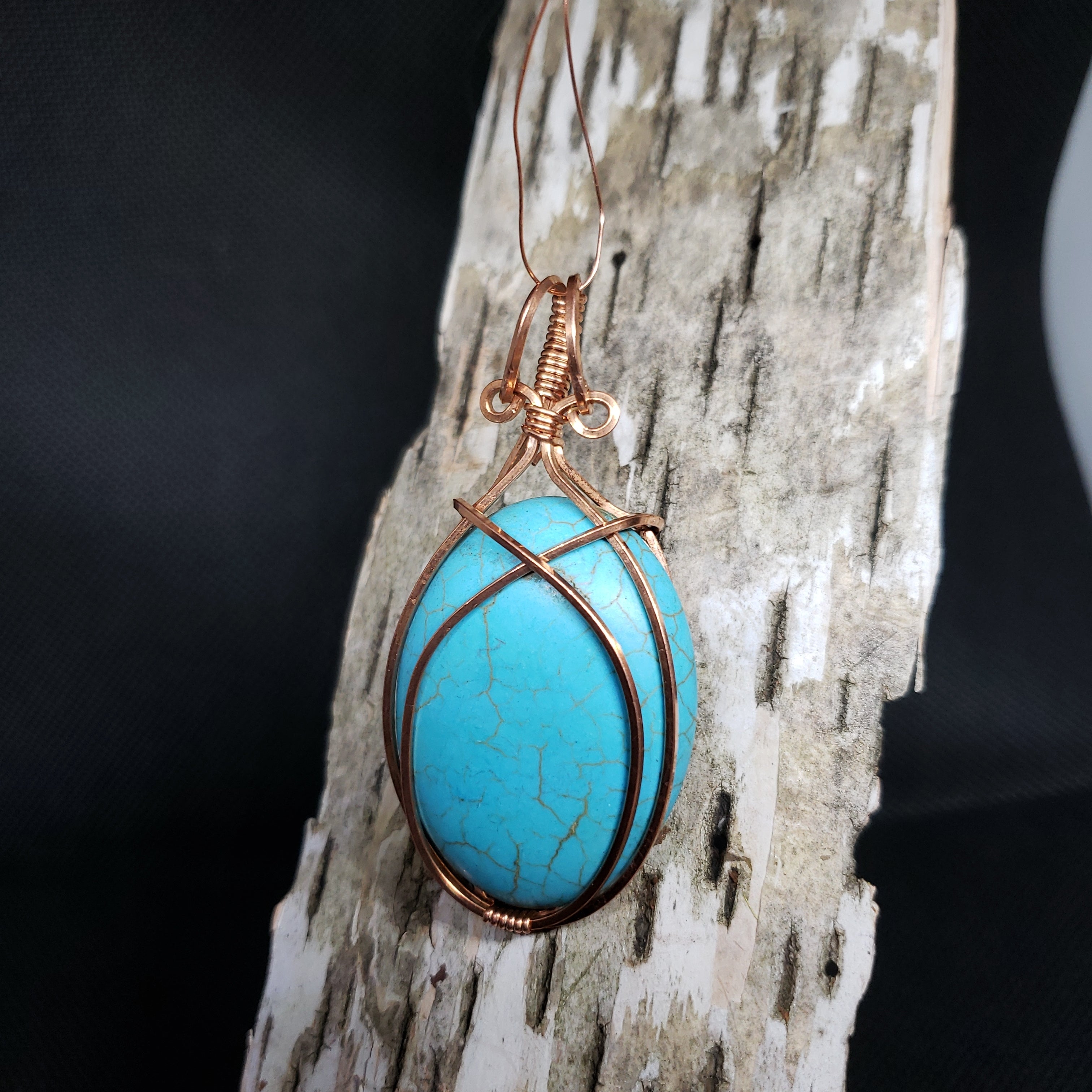 Blue Howlite Copper Wire Wrap Criss-Cross Pendant