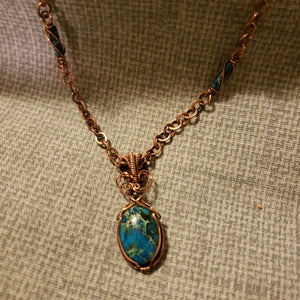 Blue Green Sea Sediment Jasper Copper Wire Wrap and Link Necklace