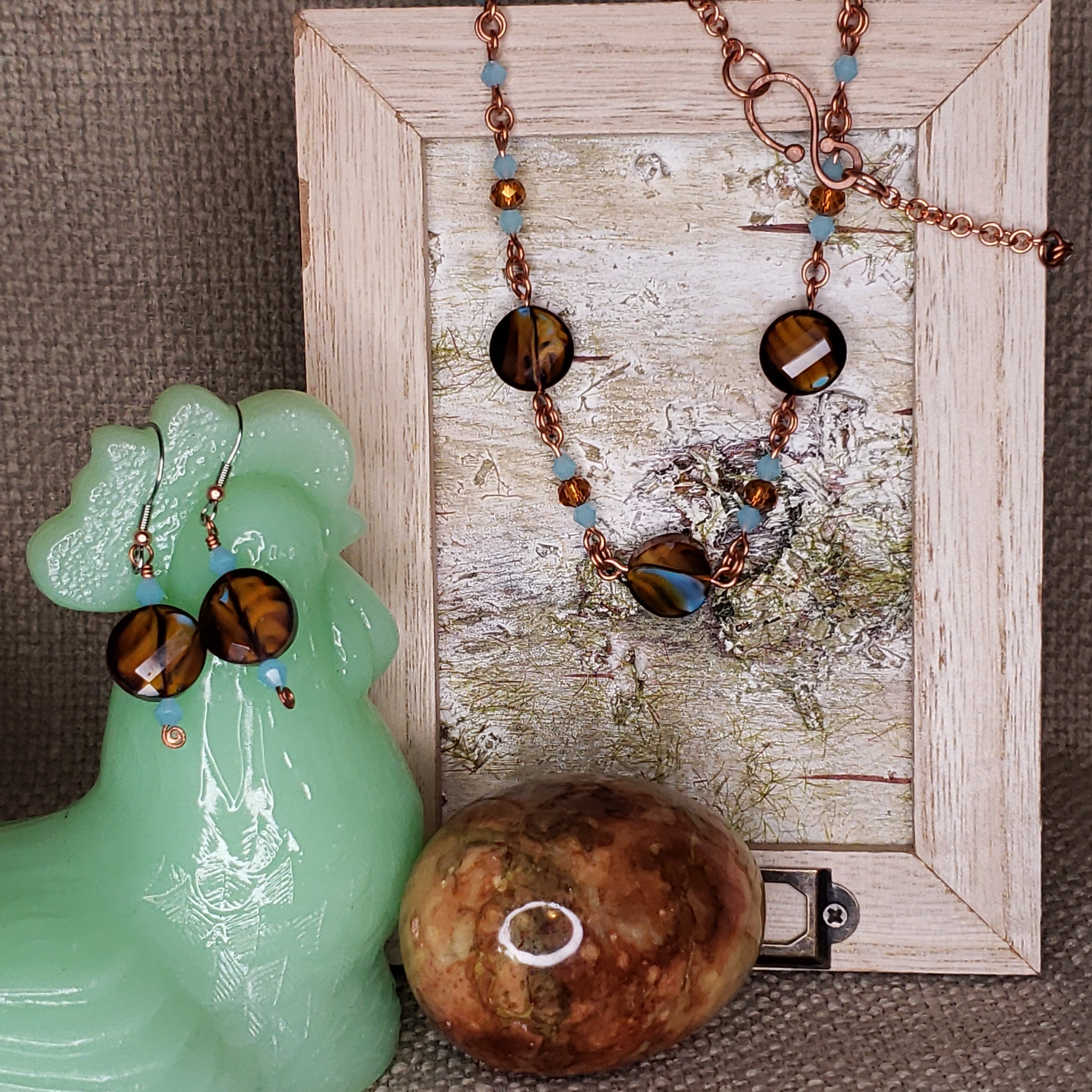 Crystal and Copper Link Necklace with Rose Cut Focal Beads