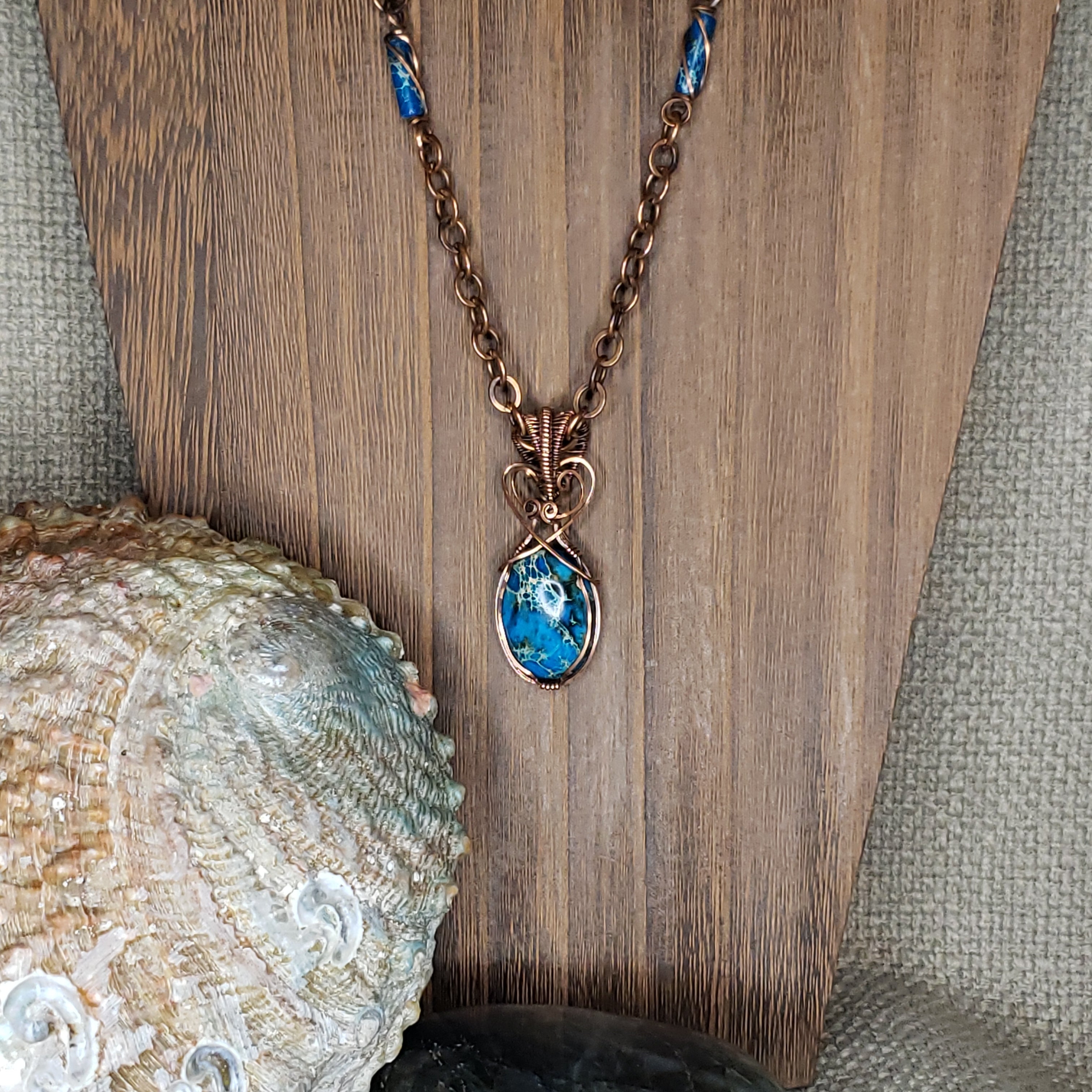 Blue Green Sea Sediment Jasper Copper Wire Wrap and Link Necklace