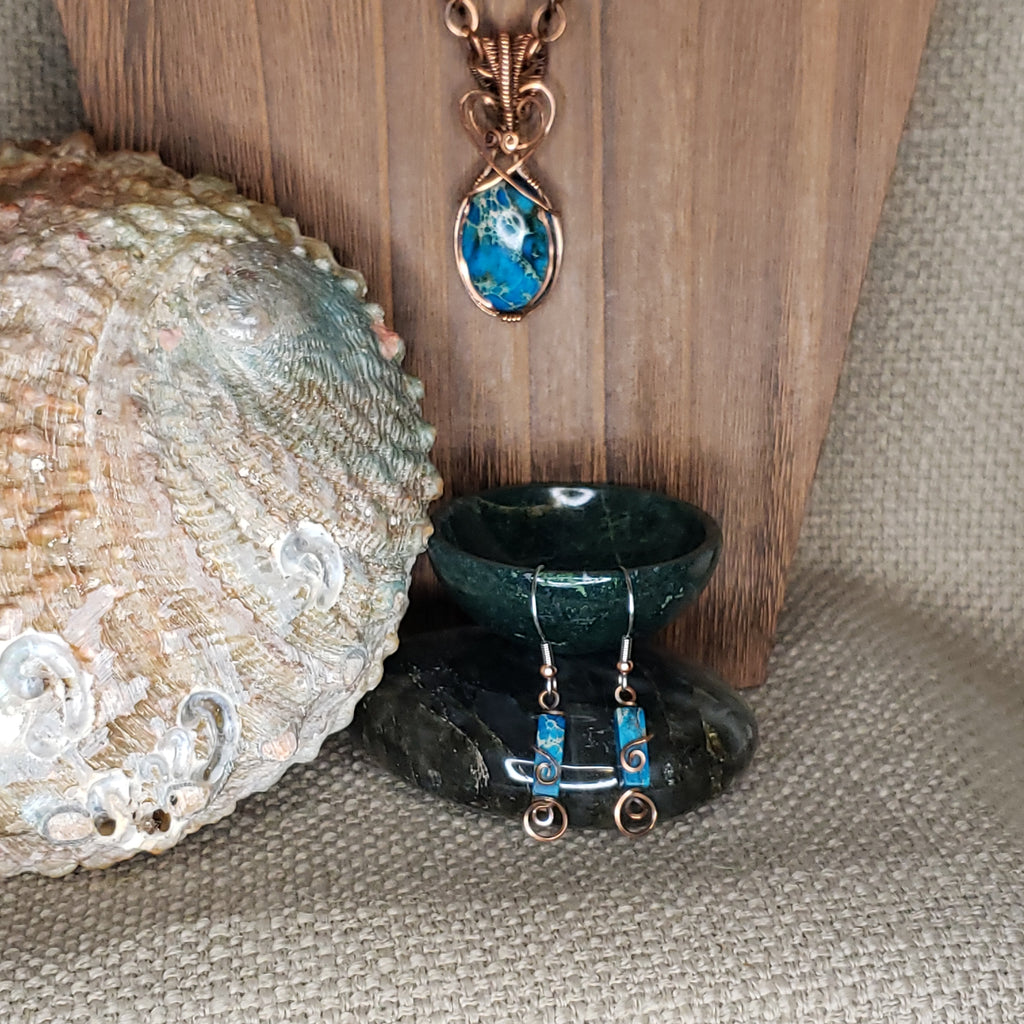 Blue Green Sea Sediment Jasper Copper Wire Wrap and Link Necklace