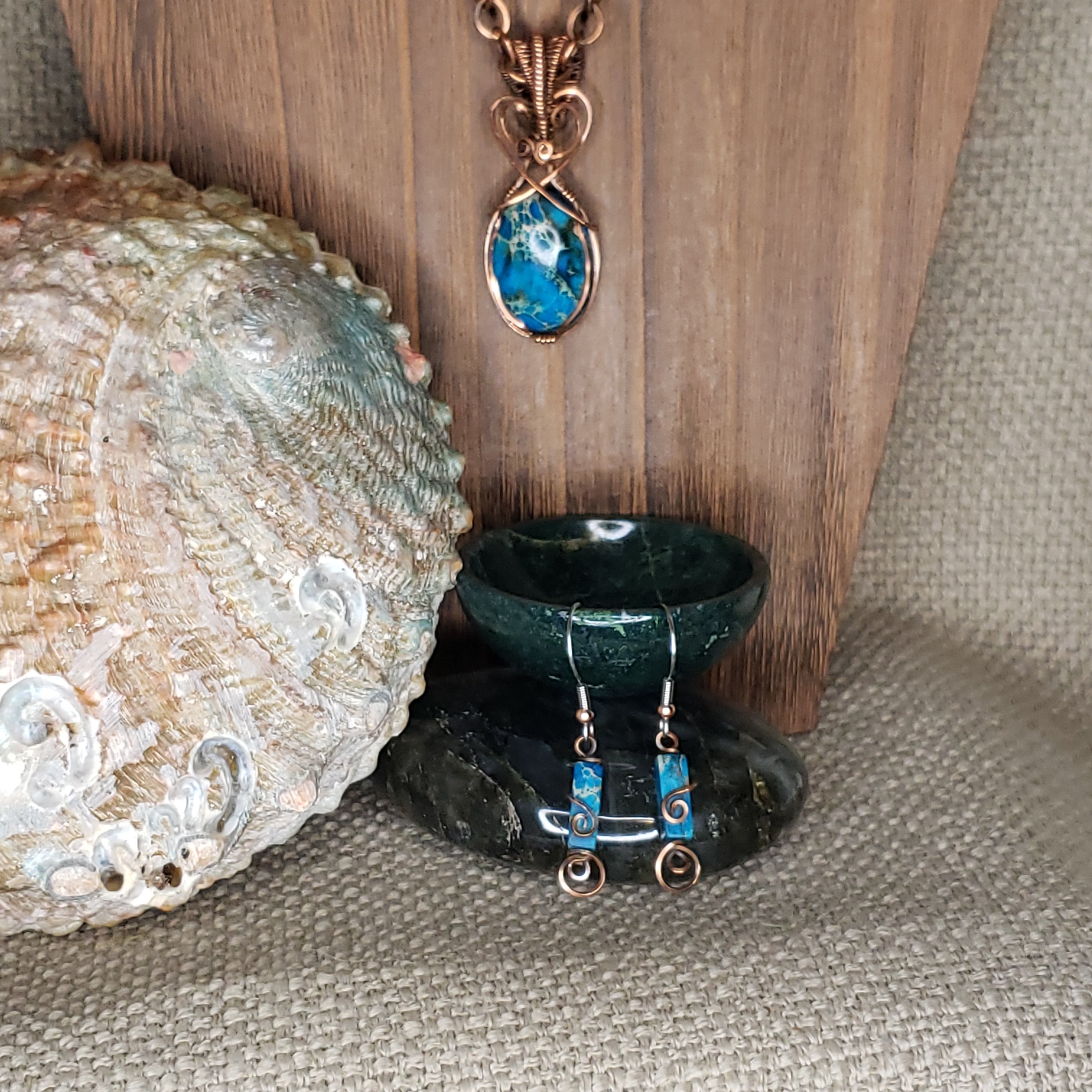 Blue Green Sea Sediment Jasper Copper Wire Wrap and Link Necklace