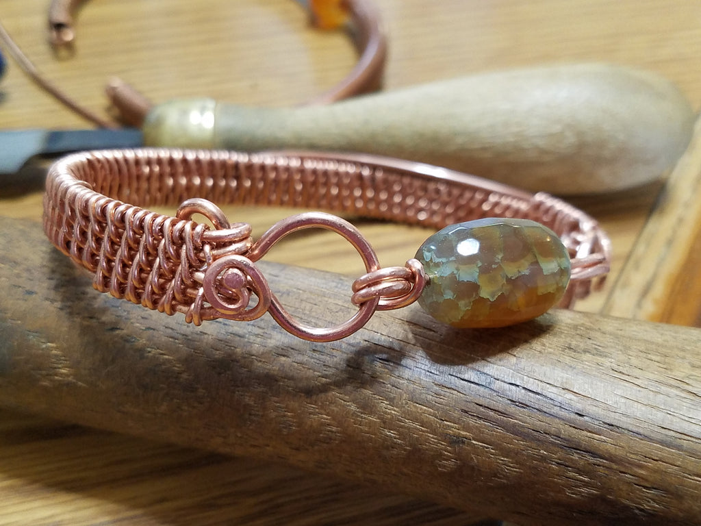 Copper Twill Wire Weave Bracelet With Fire Agate Clasp