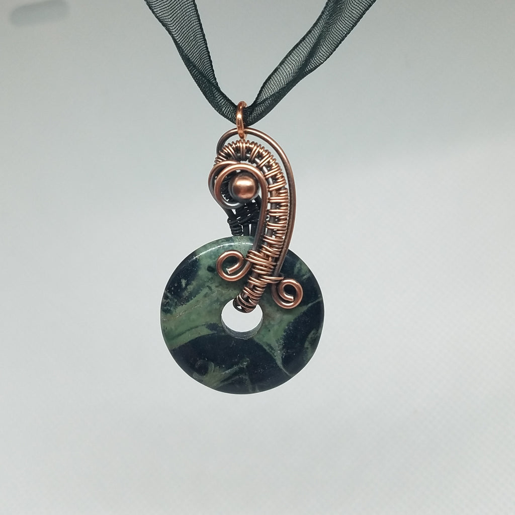 Pendant copper woven kambaba Jasper donut bead