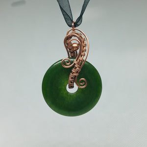 Pendant copper wire woven green jadeite donut bead