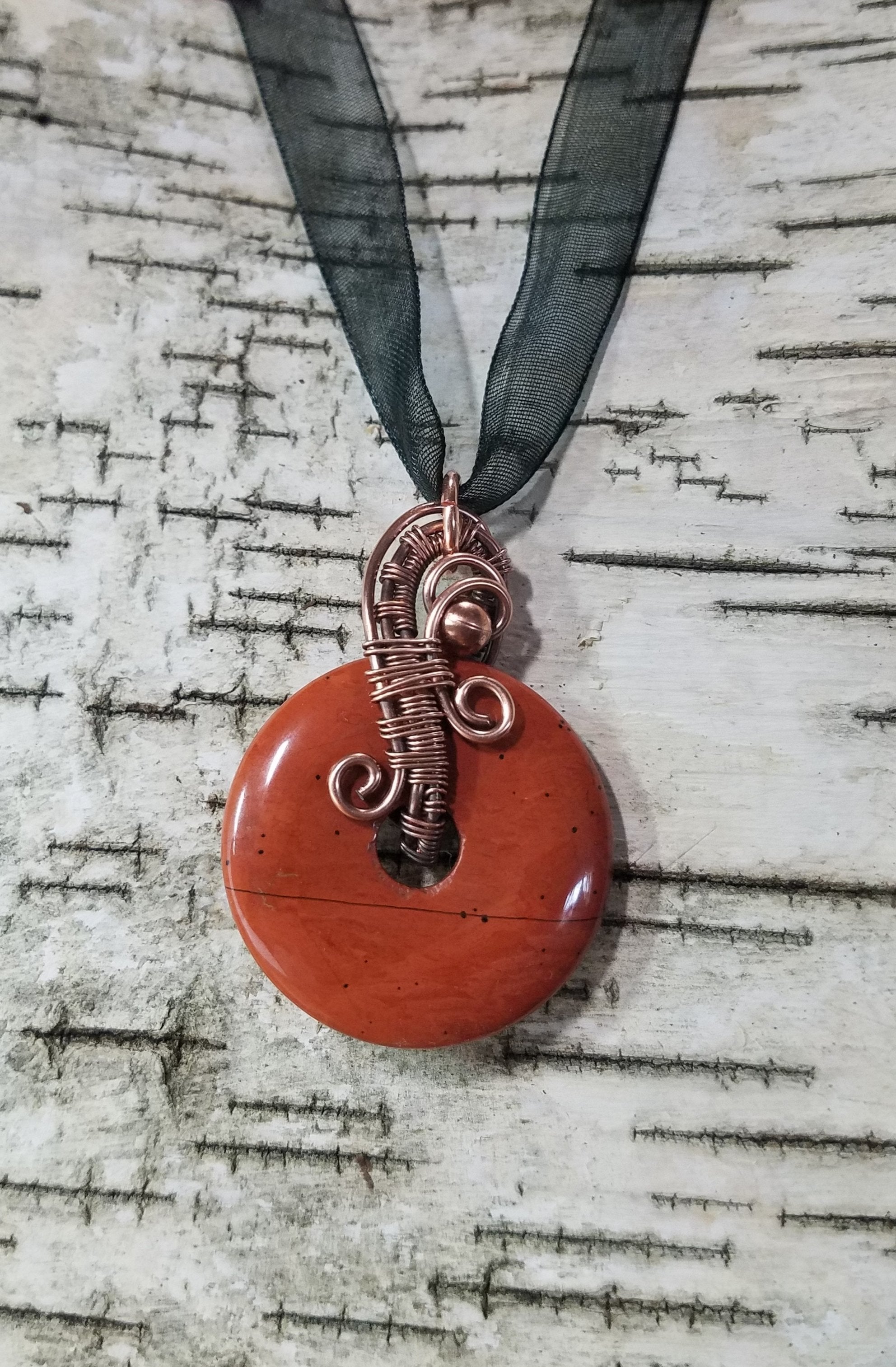 Pendant Copper Wire Woven Red Jasper Donut Bead
