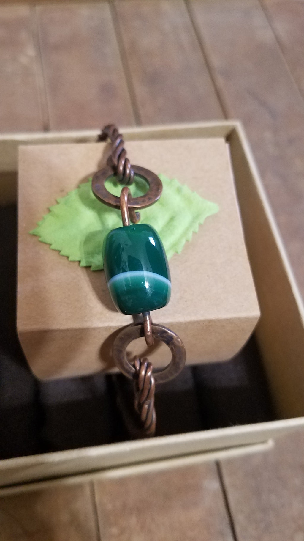 Handmade copper bracelet with green agate clasp lonebirchcreative.com
