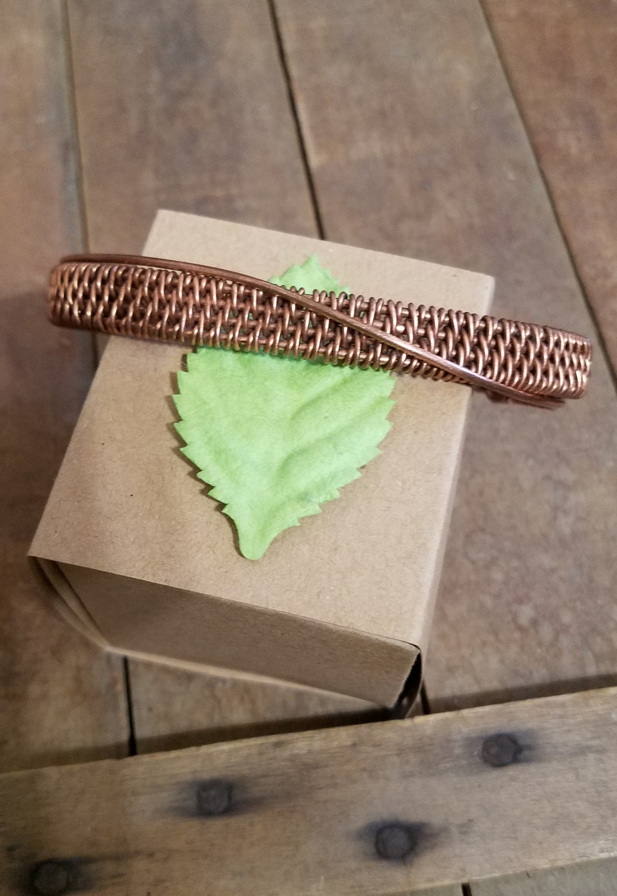 Copper Twill Wire Weave Bracelet With Fire Agate Clasp