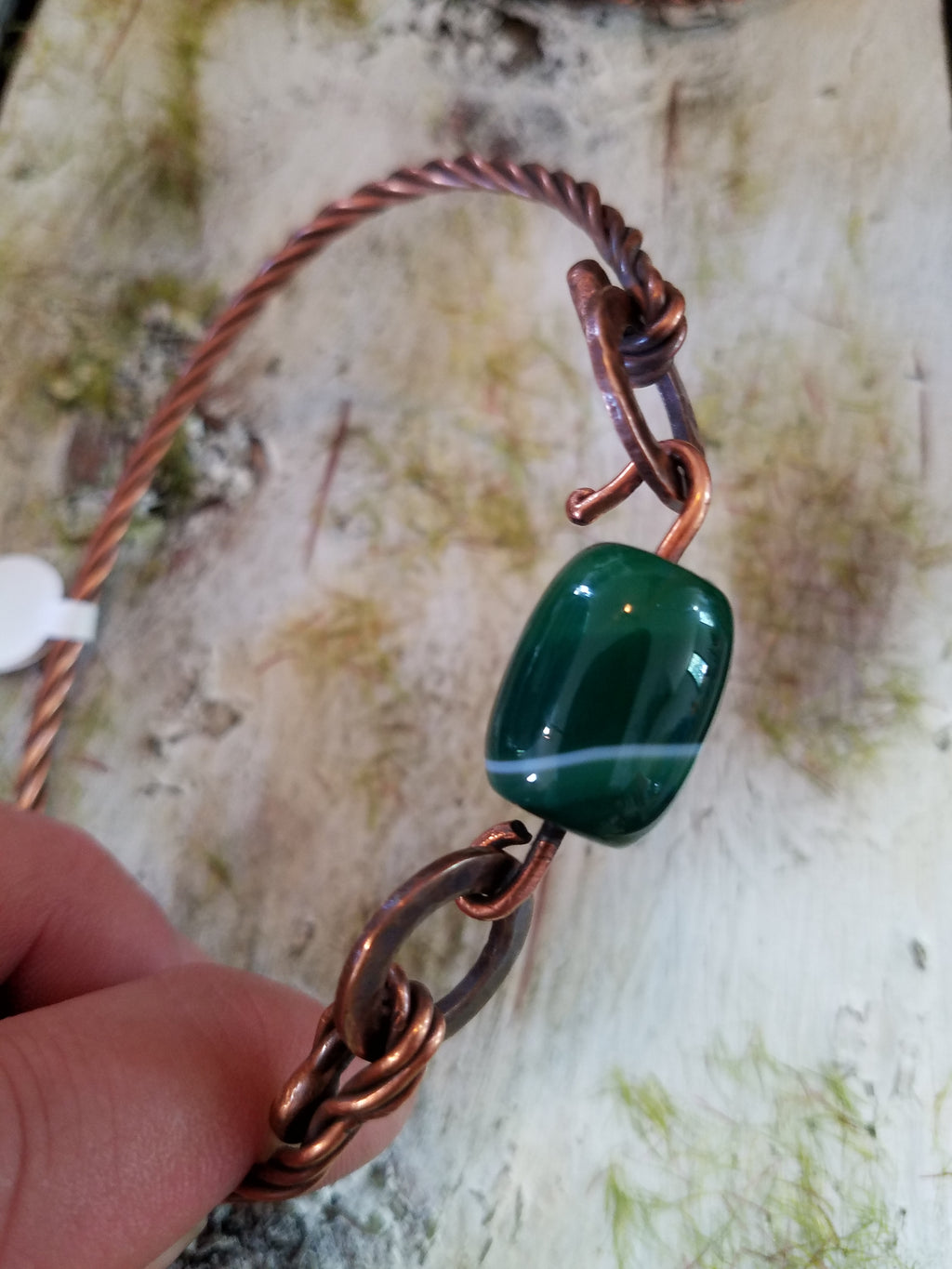 Handmade copper bracelet with green agate clasp lonebirchcreative.com