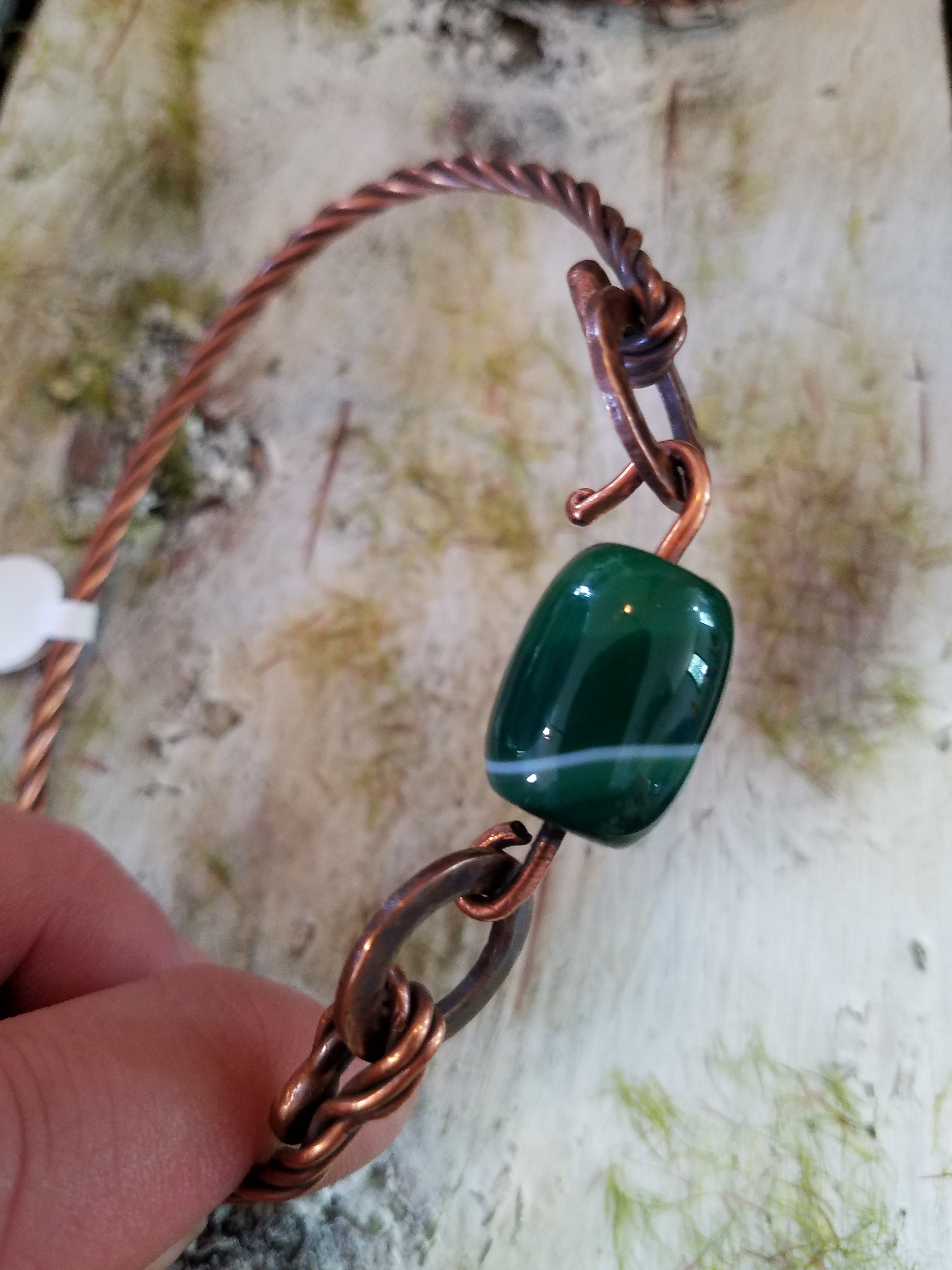 Handmade copper bracelet with green agate clasp lonebirchcreative.com